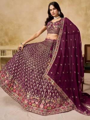 maroon zari embroidered georgette lehenga set choli with dupatta 4