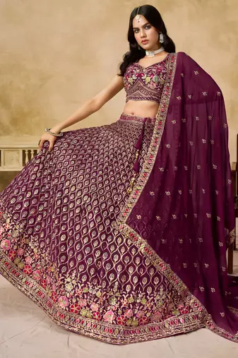 maroon zari embroidered georgette lehenga set choli with dupatta