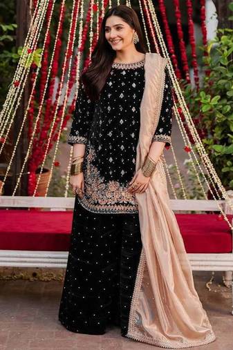 Black viscose velvet intricate thread & sequence with peral work top plazzo with dupatta