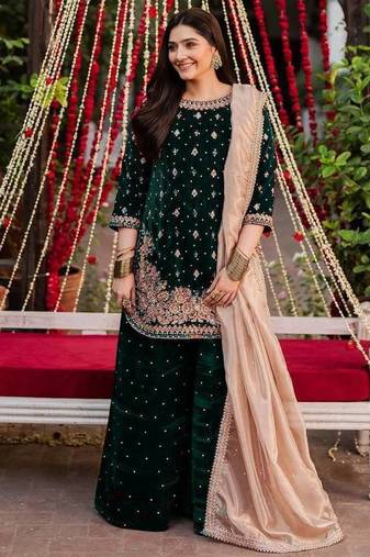 Green viscose velvet intricate thread & sequence with peral work top plazzo with dupatta