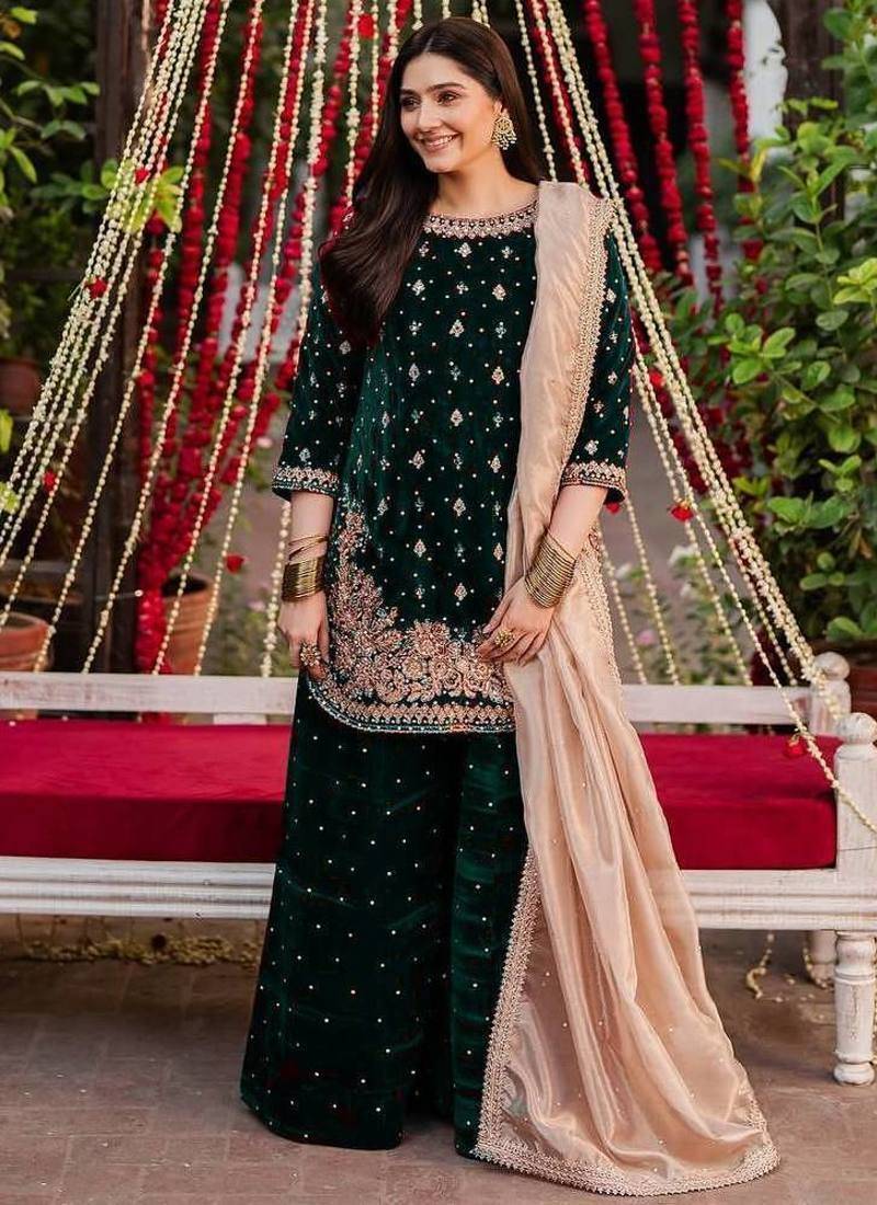 Green viscose velvet intricate thread & sequence with peral work top plazzo with dupatta