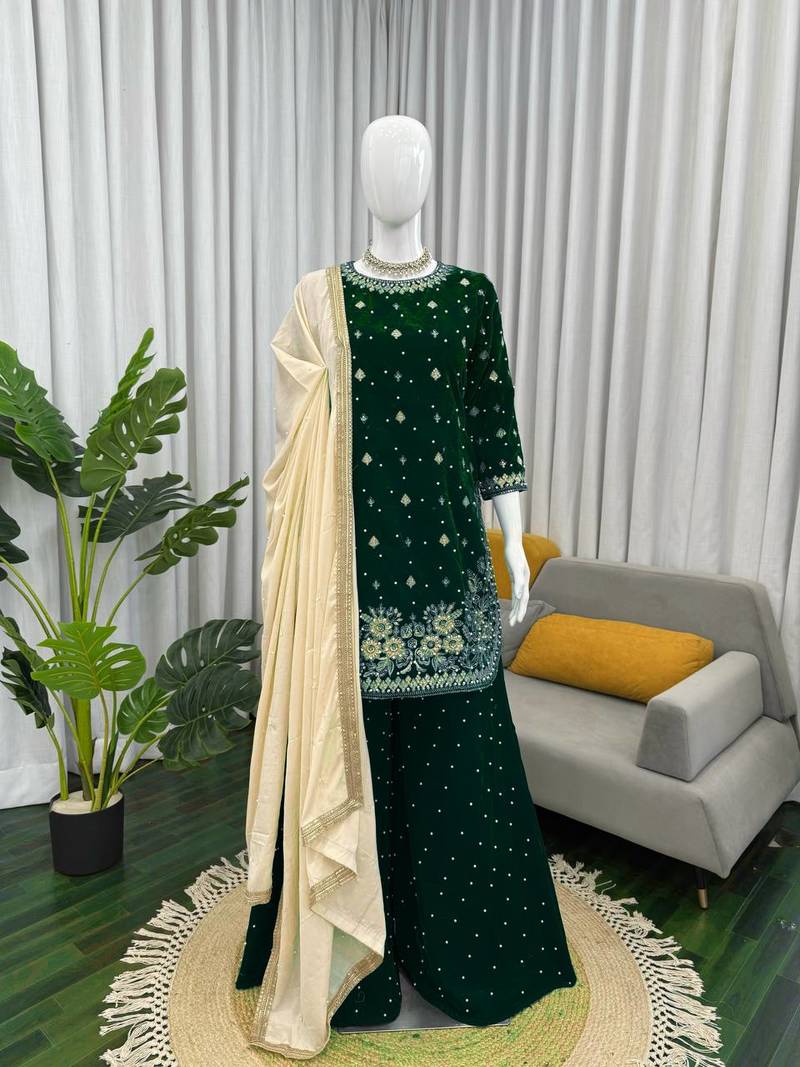 Green viscose velvet intricate thread & sequence with peral work top plazzo with dupatta