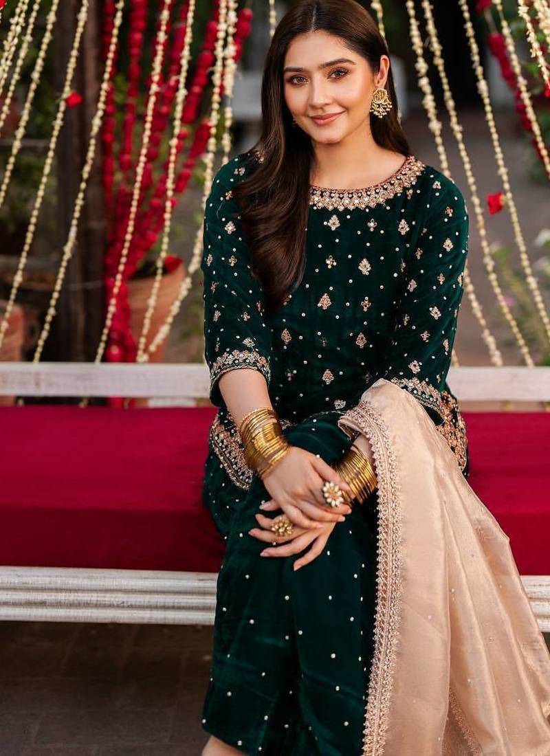 Green viscose velvet intricate thread & sequence with peral work top plazzo with dupatta