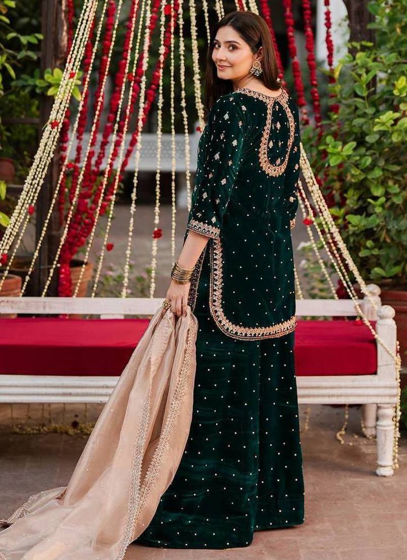 Green viscose velvet intricate thread & sequence with peral work top plazzo with dupatta