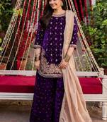Purple viscose velvet intricate thread & sequence with peral work top plazzo with dupatta