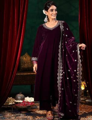 Purple velvet embroidered straight suit & pant with dupatta set 1