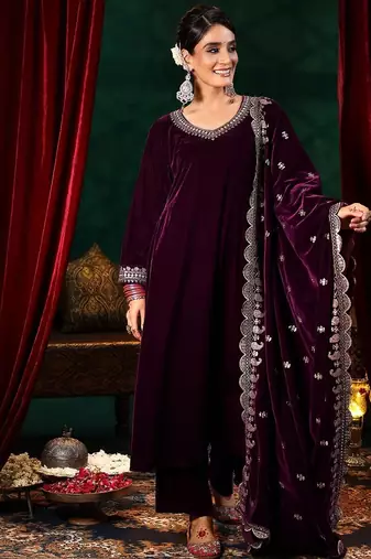 Purple velvet embroidered straight suit & pant with dupatta set