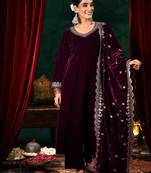 Purple velvet embroidered straight suit & pant with dupatta set