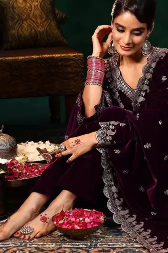 Purple velvet embroidered straight suit & pant with dupatta set