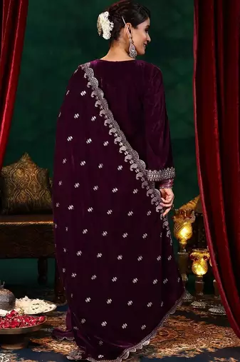 Purple velvet embroidered straight suit & pant with dupatta set