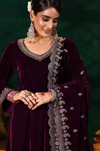 Purple velvet embroidered straight suit & pant with dupatta set