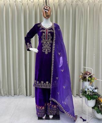 Purple velvet cording sequence embroidery work suit & palazzo with dupatta set 1