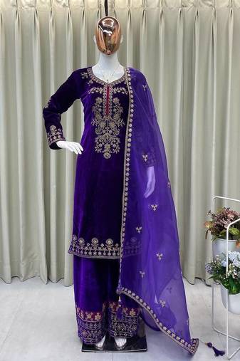 Purple velvet cording sequence embroidery work suit & palazzo with dupatta set