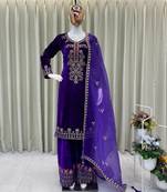 Purple velvet cording sequence embroidery work suit & palazzo with dupatta set