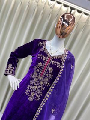 Purple velvet cording sequence embroidery work suit & palazzo with dupatta set 3