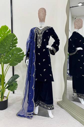 Purple velvet thread with sequence work suit & palazzo with dupatta set
