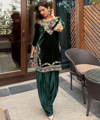 Teal velvet thread with sequence work suit & palazzo with dupatta set 1