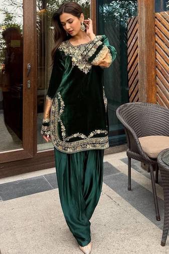 Teal velvet thread with sequence work suit & palazzo with dupatta set