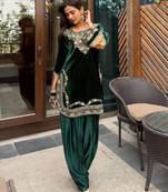 Teal velvet thread with sequence work suit & palazzo with dupatta set
