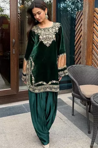 Teal velvet thread with sequence work suit & palazzo with dupatta set