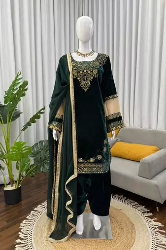 Teal velvet thread with sequence work suit & palazzo with dupatta set
