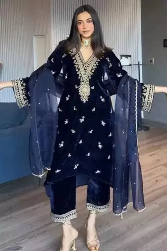 Purple velvet thread with sequence work suit & palazzo with dupatta set