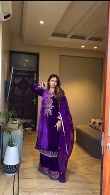 Purple velvet cording sequence embroidery work suit & palazzo with dupatta set 2