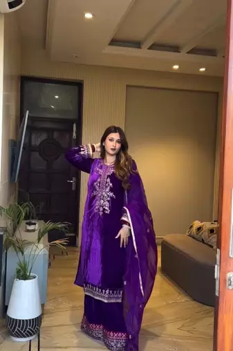 Purple velvet cording sequence embroidery work suit & palazzo with dupatta set