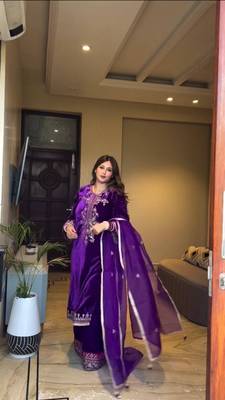 Purple velvet cording sequence embroidery work suit & palazzo with dupatta set 4