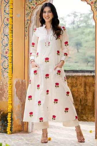 Off white embroidered cotton straight kurta set
