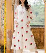 Off white embroidered cotton straight kurta set
