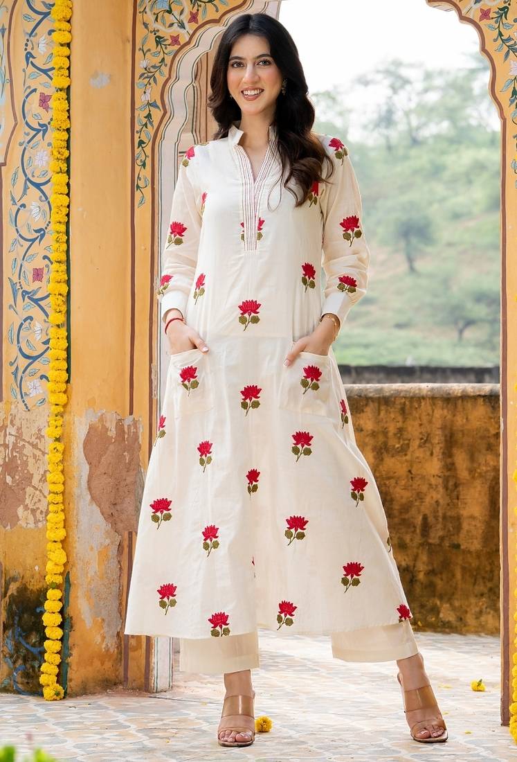 Off white embroidered cotton straight kurta set