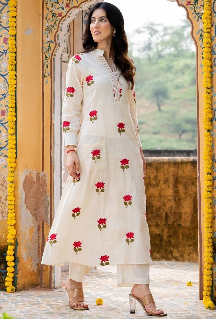Off white embroidered cotton straight kurta set