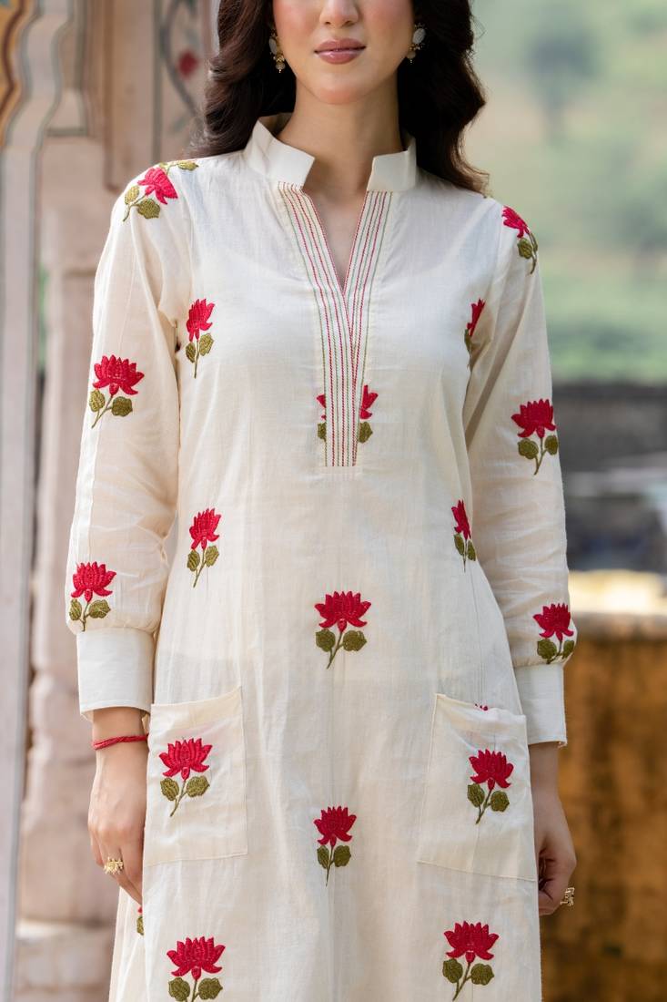 Off white embroidered cotton straight kurta set