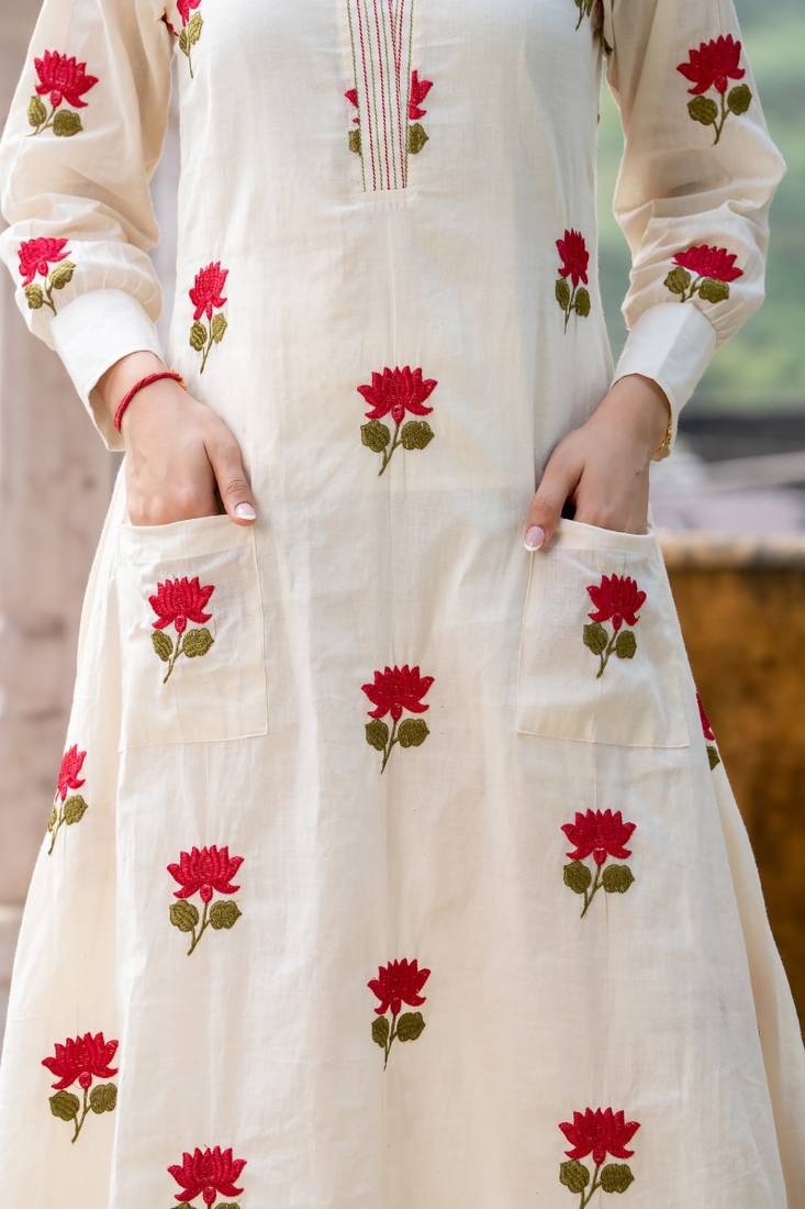 Off white embroidered cotton straight kurta set