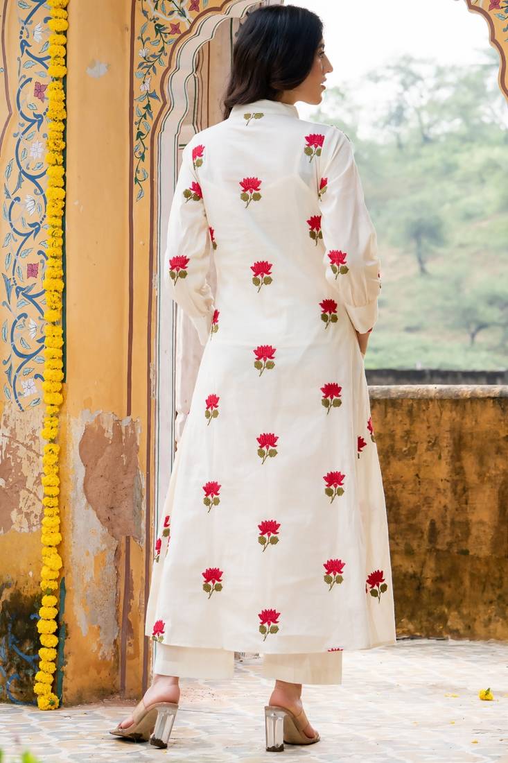 Off white embroidered cotton straight kurta set