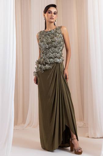 Green embroidered crepe co ord set