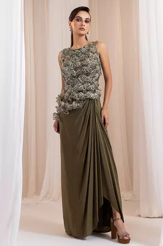 Green embroidered crepe co ord set