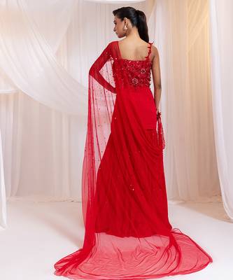 Red embroidered silk co ord set 2
