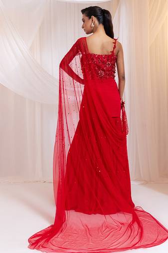 Red embroidered silk co ord set