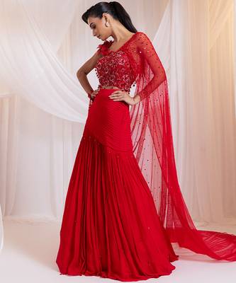 Red embroidered silk co ord set 3