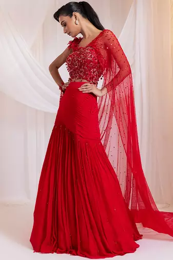 Red embroidered silk co ord set