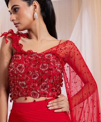 Red embroidered silk co ord set 4