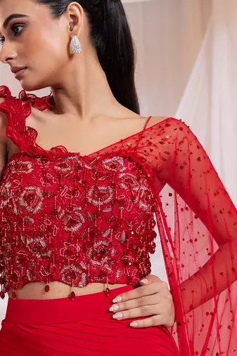 Red embroidered silk co ord set