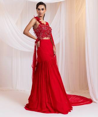 Red embroidered silk co ord set 1
