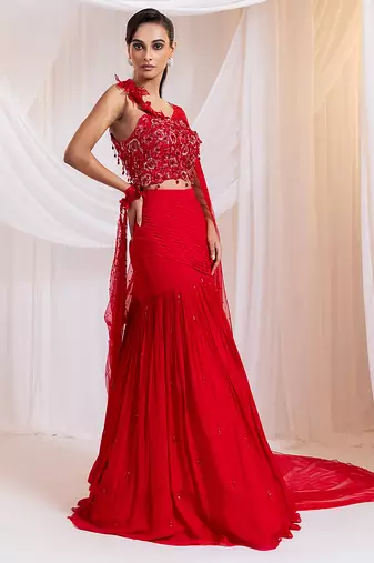 Red embroidered silk co ord set