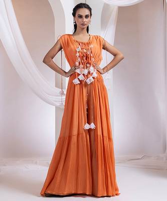Orange embroidered crepe co ord set 1