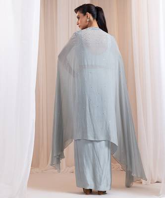 Grey embroidered silk co ord set with cape 2