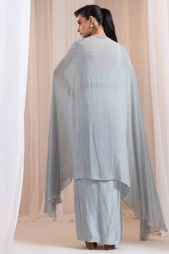 Grey embroidered silk co ord set with cape