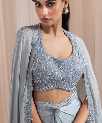 Grey embroidered silk co ord set with cape 3
